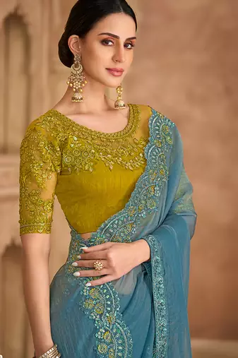 sky blue embroidered faux georgette saree