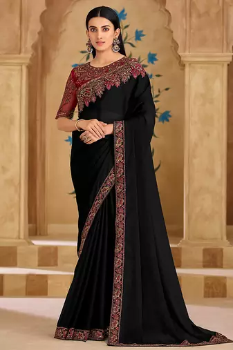 Embroidered faux georgette black saree