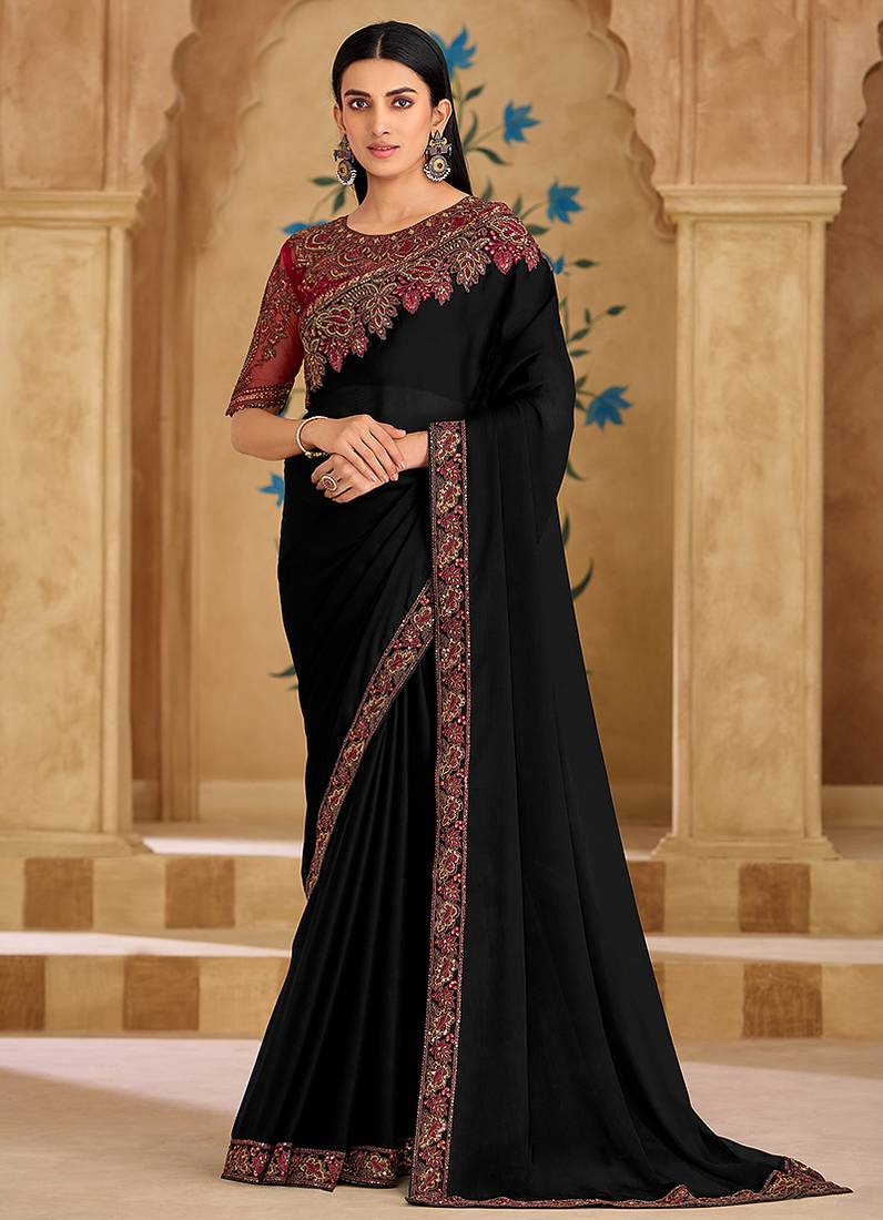 Embroidered faux georgette black saree
