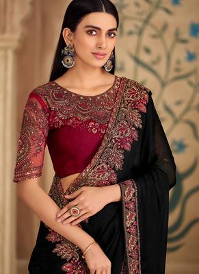 black embroidered faux georgette saree	 2