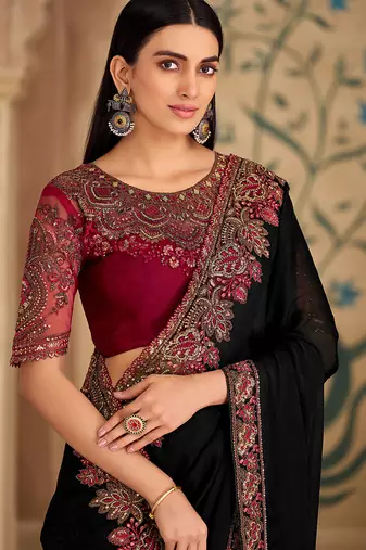 black embroidered faux georgette saree	