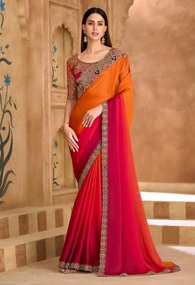 dual tone orange & rani pink embroidered faux chiffon satin saree 1