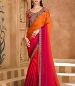 Embroidered faux chiffon satin orange & rani pink saree