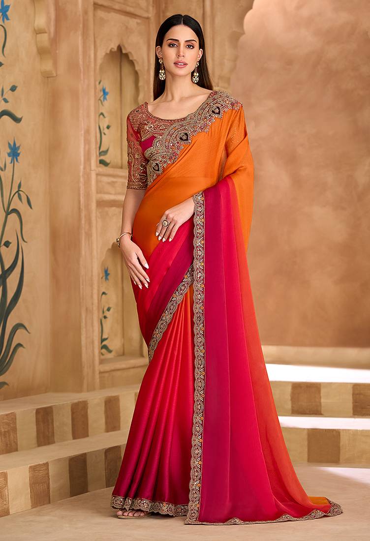 Embroidered faux chiffon satin orange & rani pink saree