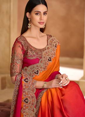 dual tone orange & rani pink embroidered faux chiffon satin saree 2