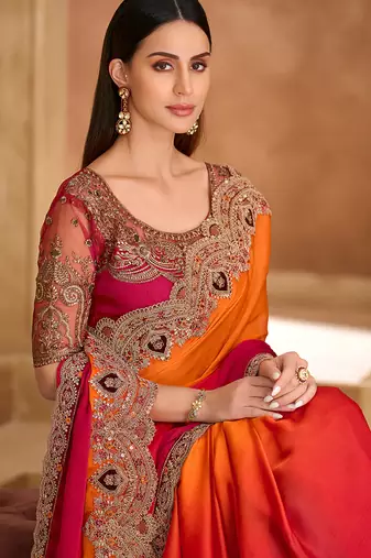 dual tone orange & rani pink embroidered faux chiffon satin saree