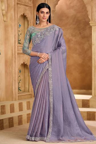 Embroidered faux chiffon lavender saree