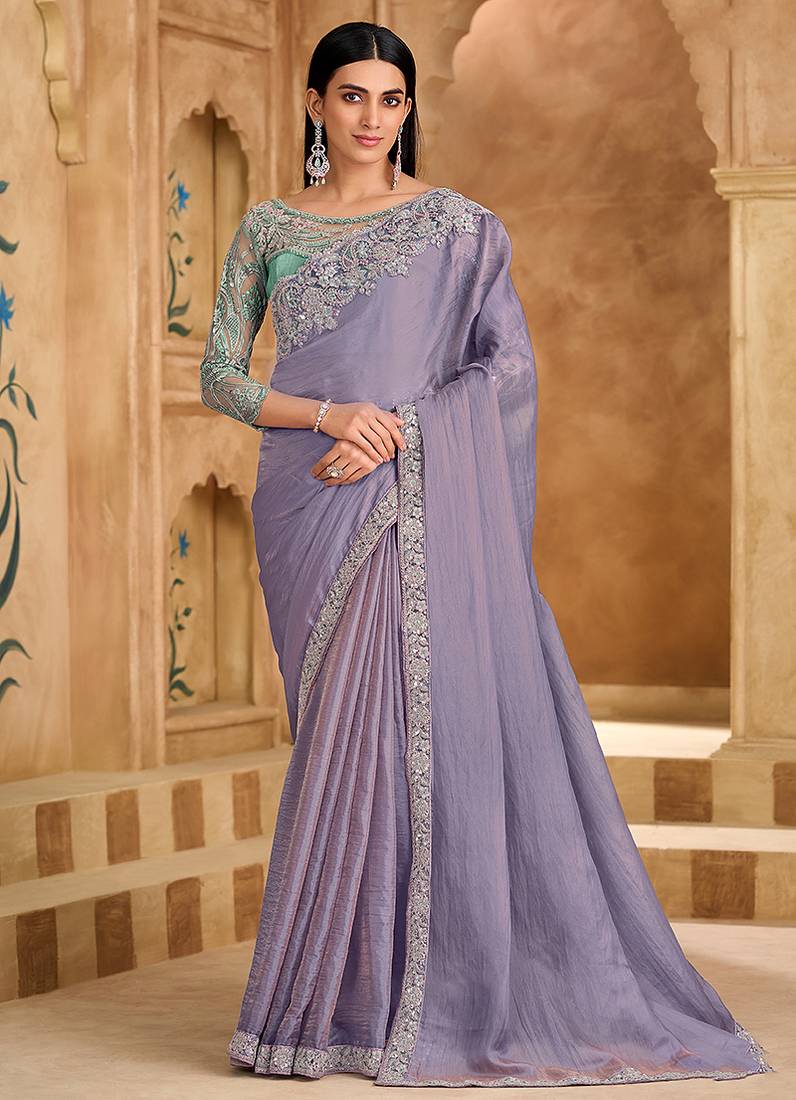 Embroidered faux chiffon lavender saree