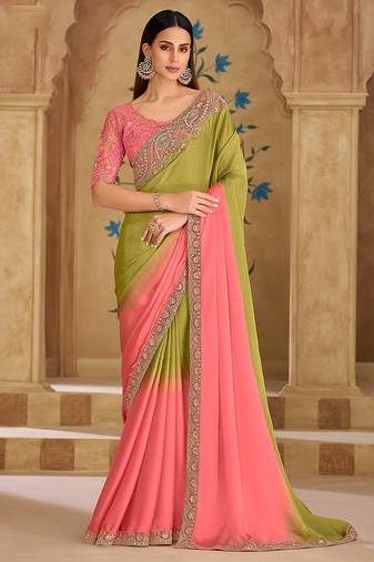 Embroidered faux georgette parrot green & pink saree