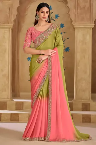 Embroidered faux georgette parrot green & pink saree