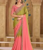 Embroidered faux georgette parrot green & pink saree