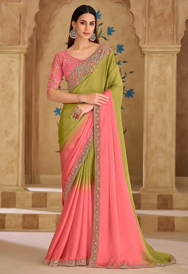 Embroidered faux georgette parrot green & pink saree