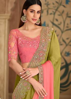 dual tone parrot green & pink embroidered faux georgette saree 2
