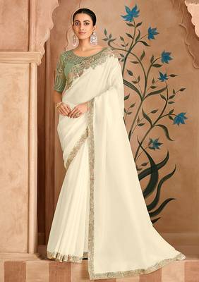 off white embroidered faux chiffon satin saree 1