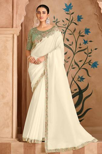 Embroidered faux chiffon satin off white saree
