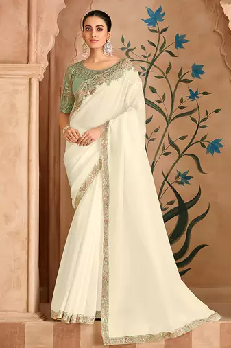 Embroidered faux chiffon satin off white saree