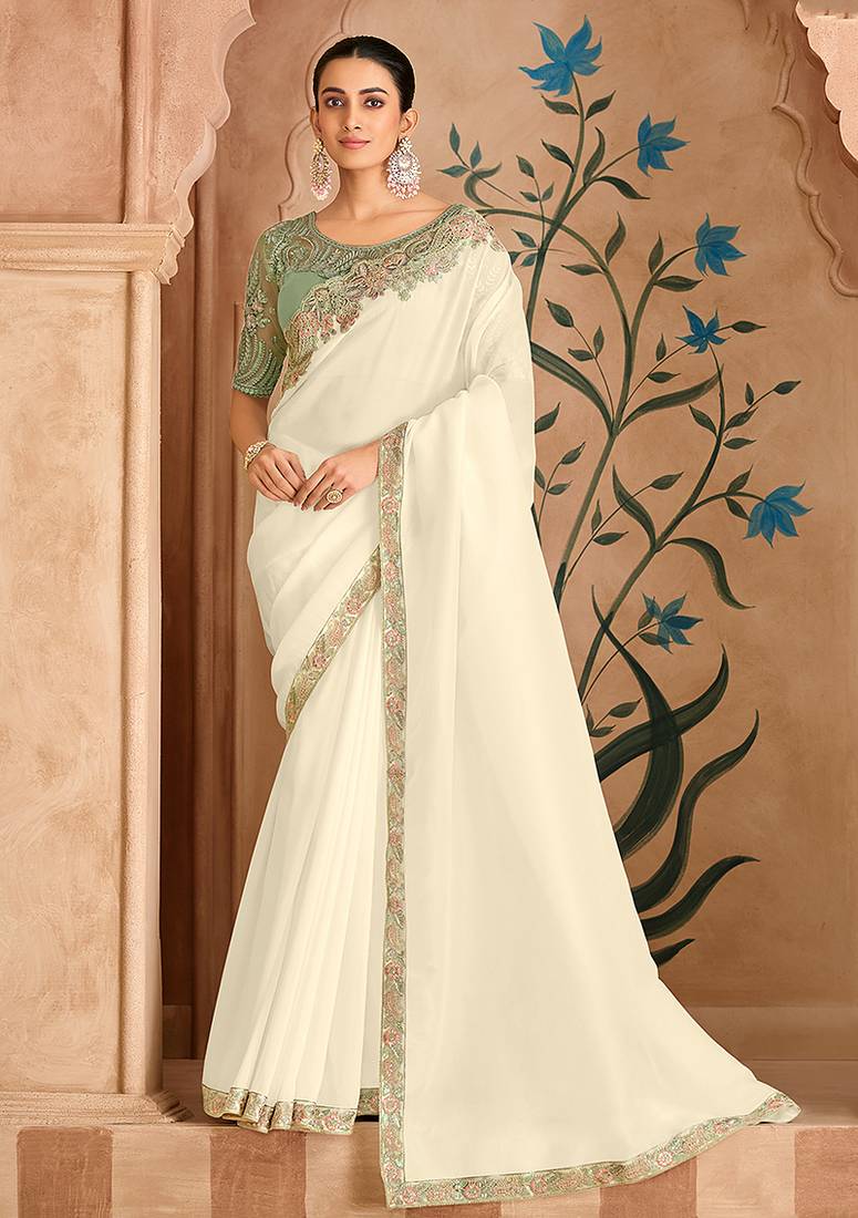 Embroidered faux chiffon satin off white saree