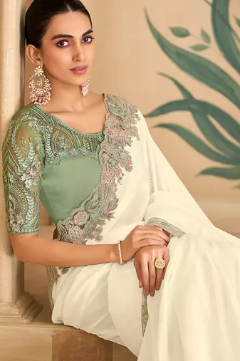 off white embroidered faux chiffon satin saree