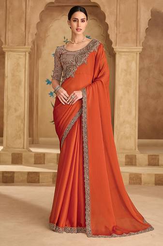 Embroidered faux chiffon satin orange saree