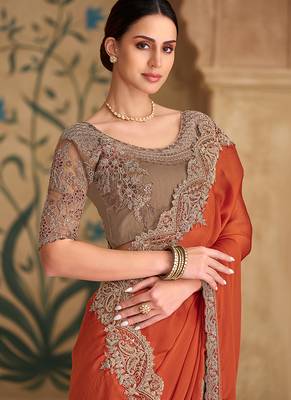orange embroidered faux chiffon satin saree 2