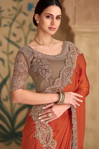orange embroidered faux chiffon satin saree