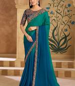 Embroidered faux chiffon teal green & blue saree