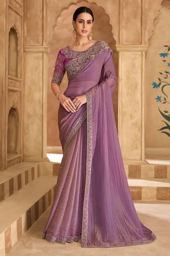 Embroidered faux georgette onion pink saree