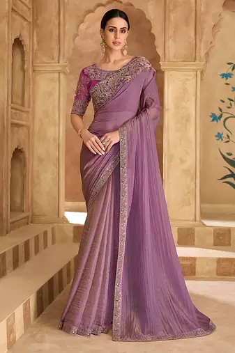 Embroidered faux georgette onion pink saree