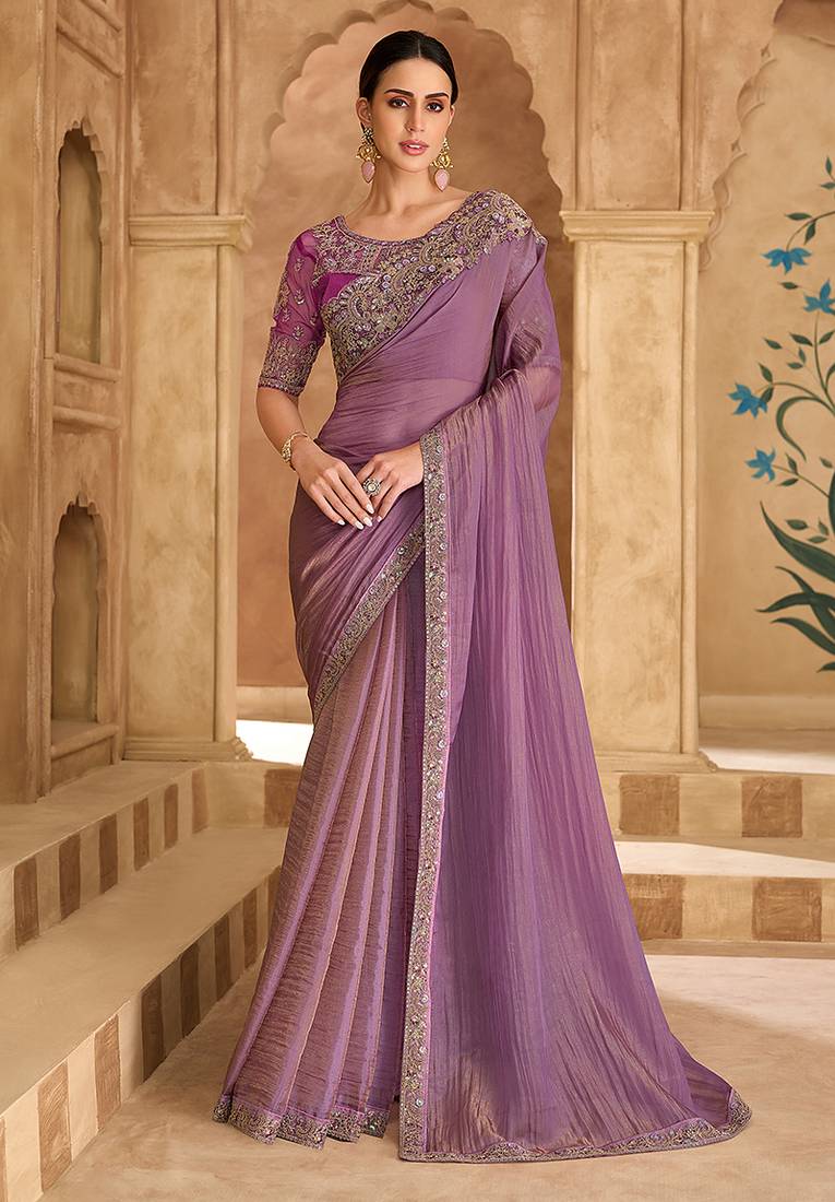 Embroidered faux georgette onion pink saree