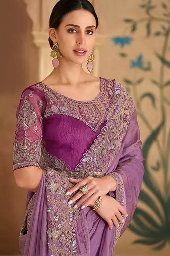 onion pink embroidered faux georgette saree