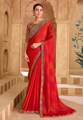 shaded red embroidered faux chiffon saree 1