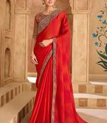 Embroidered faux chiffon shaded red saree