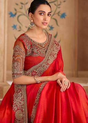 shaded red embroidered faux chiffon saree 2