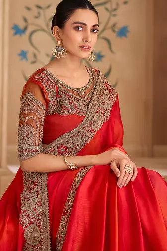 shaded red embroidered faux chiffon saree