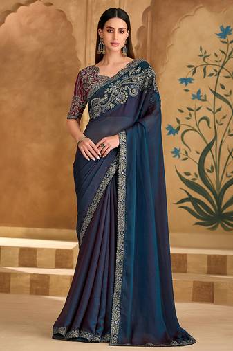 Embroidered faux georgette navy blue saree