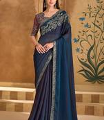 Embroidered faux georgette navy blue saree
