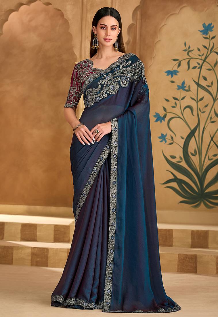 Embroidered faux georgette navy blue saree