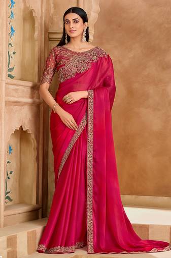 Embroidered faux chiffon satin rani pink saree