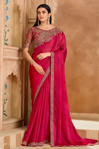 Embroidered faux chiffon satin rani pink saree