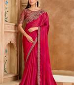 Embroidered faux chiffon satin rani pink saree