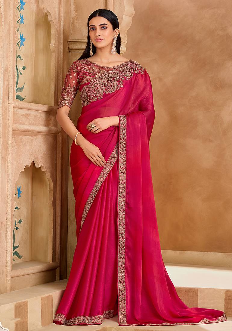Embroidered faux chiffon satin rani pink saree