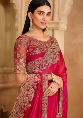 rani pink faux chiffon satin embroidered saree 2