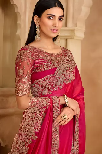 rani pink faux chiffon satin embroidered saree