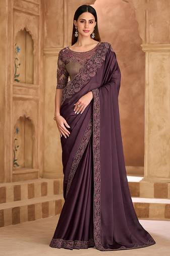 Embroidered faux chiffon satin wine saree