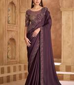 Embroidered faux chiffon satin wine saree