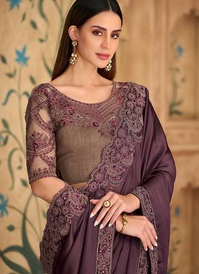 wine faux chiffon satin embroidered saree 2