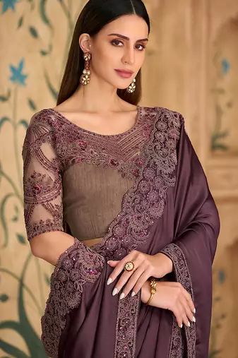 wine faux chiffon satin embroidered saree
