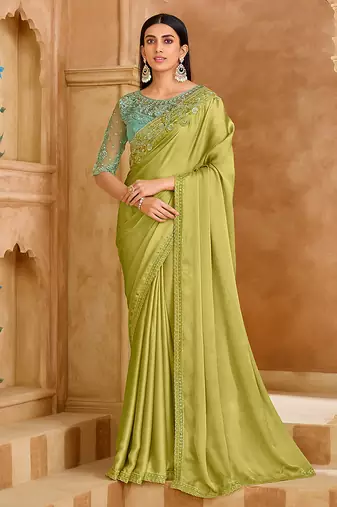 Embroidered faux chiffon satin light green saree