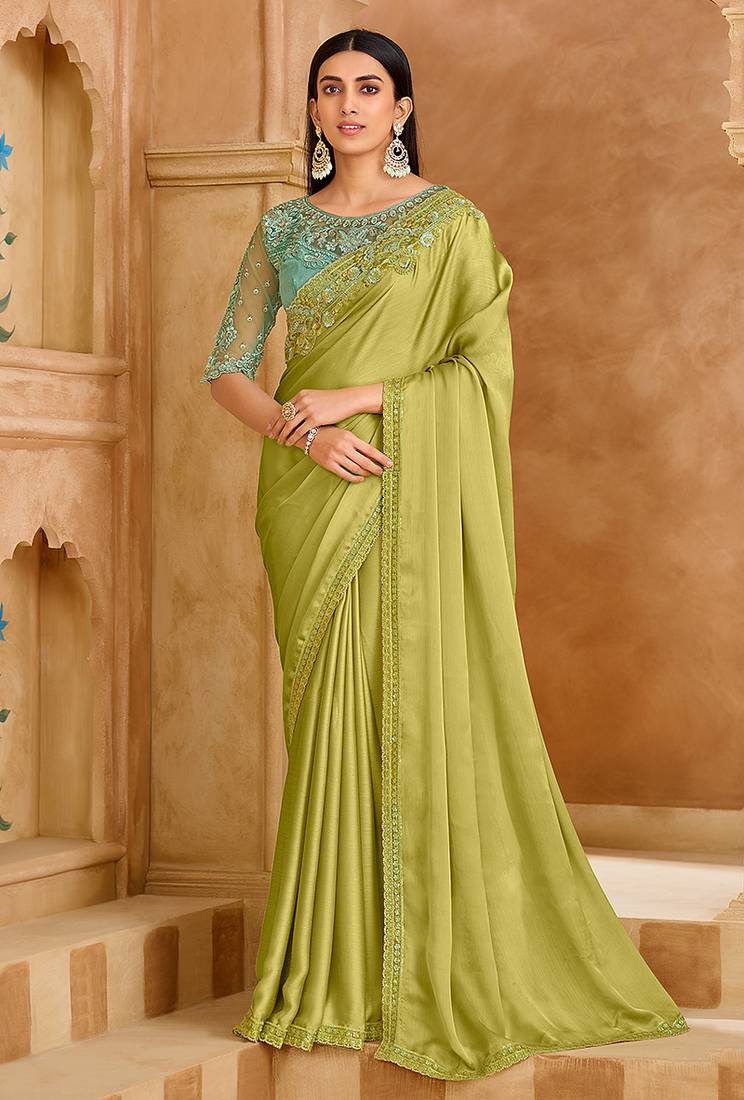 Embroidered faux chiffon satin light green saree