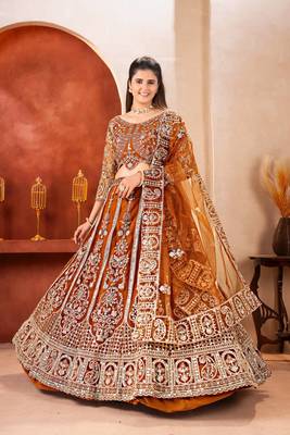 dark mustard embroidered lehenga detail 1